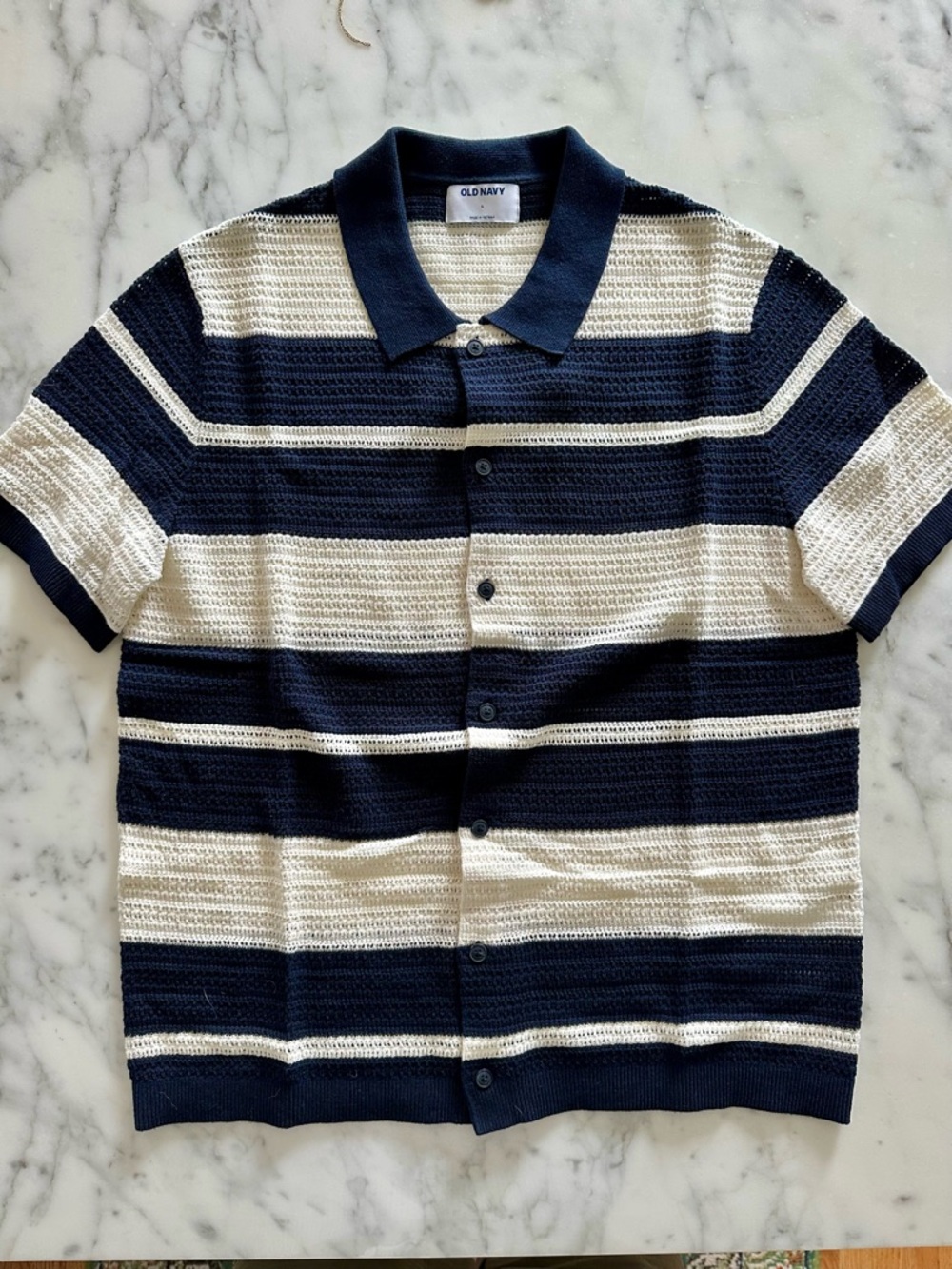 Old Navy - Navy and White Striped Knit Polo